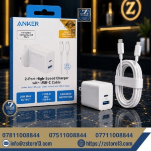 شاحنة سريعة أنكر (Anker) بقوة 20W منفذين مع كيبل تايب سي 1.5 متر - ضمان عين الفهد