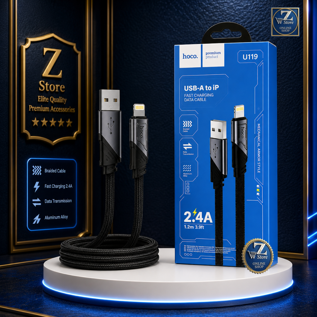 كيبل شحن آيفون ونقل بيانات مجدول عالي المتانة من هوكو HOCO U119 (USB-A to Lightning / iP) سرعة 2.4A بطول 1.2 متر - رؤوس ألومنيوم درع ميكانيكي
