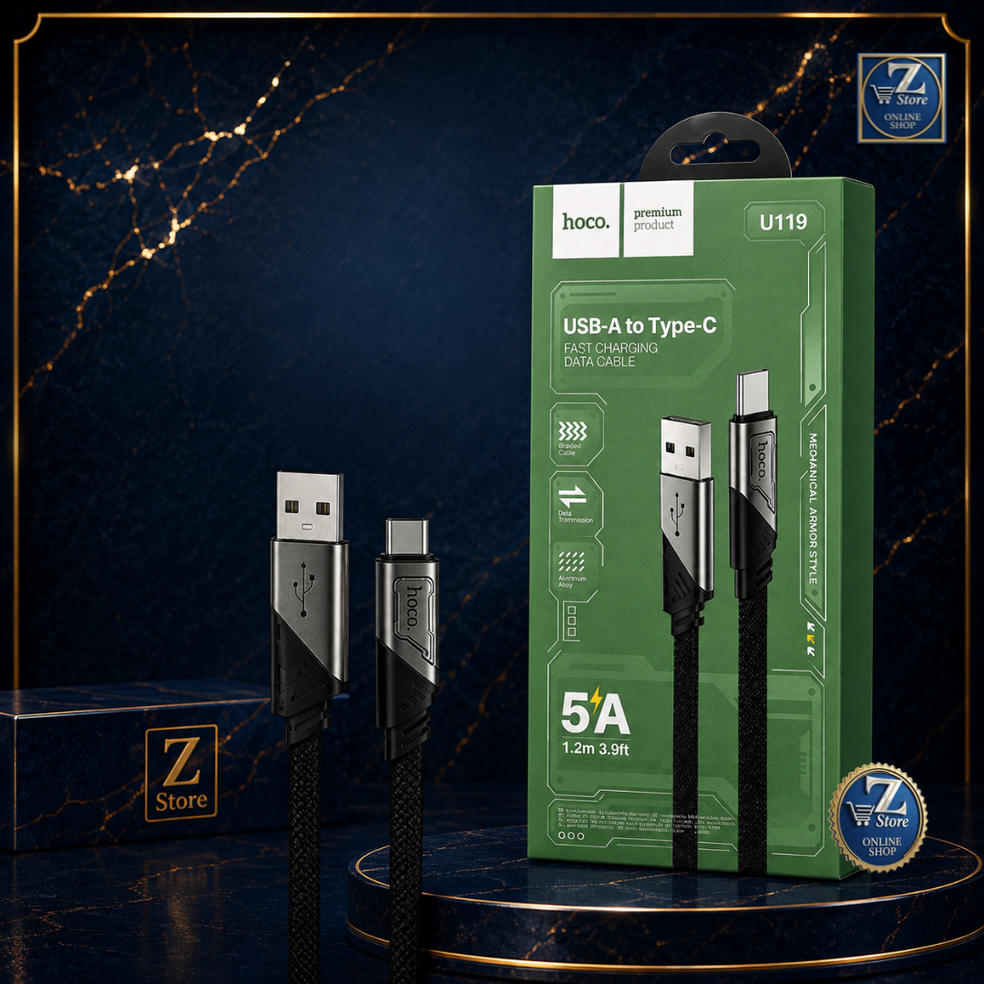 كيبل شحن سريع ونقل بيانات مجدول ألمنيوم من هوكو HOCO U119 (USB-A to Type-C) سرعة فائقة 5A بطول 1.2 متر - تصميم درع ميكانيكي متين المقاوم للقطع