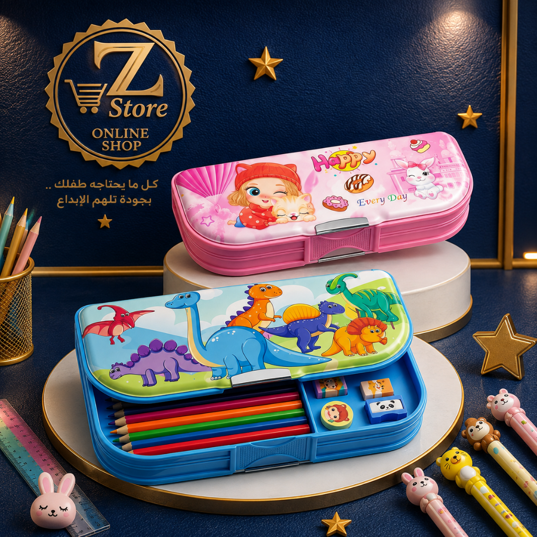 حافظة أقلام بلاستيكية مدرسية للأطفال مزدوجة الوجهين (Double-Sided Kids Pencil Case) مع منظم أدوات ومبراة مدمجة - رسومات كرتونية جذابة